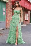 Verde Floral Uma Linha Strapless Ruffles Long Prom Dress com Fenda