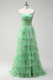 Verde Floral Uma Linha Strapless Ruffles Long Prom Dress com Fenda