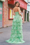 Verde Floral Uma Linha Strapless Ruffles Long Prom Dress com Fenda