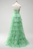 Verde Floral Uma Linha Strapless Ruffles Long Prom Dress com Fenda