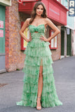 Verde Floral Uma Linha Strapless Ruffles Long Prom Dress com Fenda