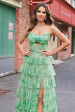 Verde Floral Uma Linha Strapless Ruffles Long Prom Dress com Fenda