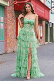 Verde Floral Uma Linha Strapless Ruffles Long Prom Dress com Fenda