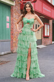 Verde Floral Uma Linha Strapless Ruffles Long Prom Dress com Fenda