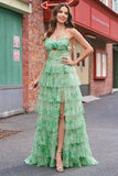 Verde Floral Uma Linha Strapless Ruffles Long Prom Dress com Fenda