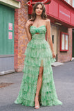 Verde Floral Uma Linha Strapless Ruffles Long Prom Dress com Fenda