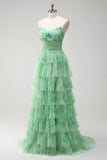 Verde A-Line Strapless Floral Floral Ruffles Long Prom Dress com Fenda