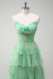 Verde A-Line Strapless Floral Floral Ruffles Long Prom Dress com Fenda