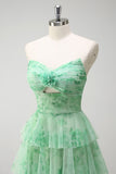 Verde A-Line Strapless Floral Floral Ruffles Long Prom Dress com Fenda