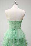 Verde A-Line Strapless Floral Floral Ruffles Long Prom Dress com Fenda