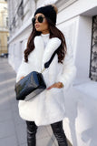 Casaco de pele feminino fofo branco com bolsos