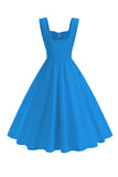 Blue Square Neck A-Line Midi Vestido dos anos 1950