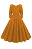 Amarelo pescoço redondo mangas curtas A-Line Midi 1950s vestido com cinto