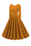 Amarelo pescoço redondo mangas curtas A-Line Midi 1950s vestido com cinto