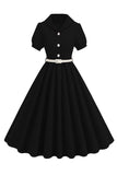 Preto V-neck mangas curtas A-Line Midi 1950s vestido com cinto