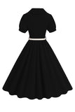 Preto V-neck mangas curtas A-Line Midi 1950s vestido com cinto