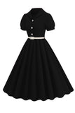 Preto V-neck mangas curtas A-Line Midi 1950s vestido com cinto