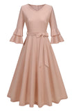 Damasco A-Line V-neck Meia Manga Midi Vestido dos anos 1950