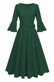 Damasco A-Line V-neck Meia Manga Midi Vestido dos anos 1950