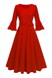 Damasco A-Line V-neck Meia Manga Midi Vestido dos anos 1950