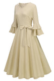 Damasco A-Line V-neck Meia Manga Midi Vestido dos anos 1950