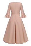 Damasco A-Line V-neck Meia Manga Midi Vestido dos anos 1950