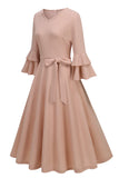 Damasco A-Line V-neck Meia Manga Midi Vestido dos anos 1950