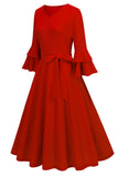 Damasco A-Line V-neck Meia Manga Midi Vestido dos anos 1950