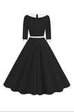 Preto A-Line V-neck mangas curtas Midi 1950s Vestido