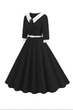 Preto A-Line V-neck mangas curtas Midi 1950s Vestido