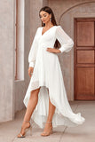 Branco A-Line Wrap mangas longas High-Low Vestido de festa