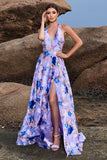 Estampa Floral Azul Roxo Uma Linha Halter Prom Dress com Fenda