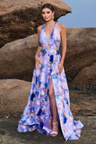 Estampa Floral Azul Roxo Uma Linha Halter Prom Dress com Fenda