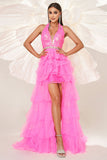 Fuchsia A Line Halter Tiered Tulle Vestido de Baile com Fenda