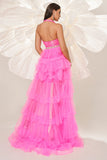 Fuchsia A Line Halter Tiered Tulle Vestido de Baile com Fenda