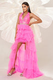 Fuchsia A Line Halter Tiered Tulle Vestido de Baile com Fenda