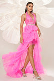 Fuchsia A Line Halter Tiered Tulle Vestido de Baile com Fenda