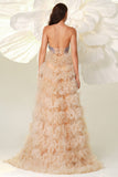 Champagne A Line Sweetheart Corset Tiered Tulle Long Prom Dress with Slit