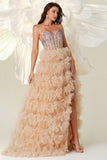 Champagne A Line Sweetheart Corset Tiered Tulle Long Prom Dress with Slit