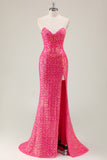 Sparkly Fuchsia Sereia Strapless Long Prom Dress com Fenda