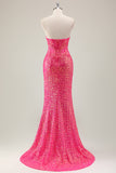 Sparkly Fuchsia Sereia Strapless Long Prom Dress com Fenda