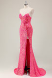 Sparkly Fuchsia Sereia Strapless Long Prom Dress com Fenda