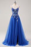 Royal Blue Tulle A-Line Espaghetti Correias Corset Long Prom Dress com Fenda