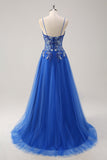 Royal Blue Tulle A-Line Espaghetti Correias Corset Long Prom Dress com Fenda