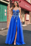 Royal Blue Tulle A-Line Espaghetti Correias Corset Long Prom Dress com Fenda