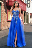 Royal Blue Tulle A-Line Espaghetti Correias Corset Long Prom Dress com Fenda