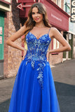 Royal Blue Tulle A-Line Espaghetti Correias Corset Long Prom Dress com Fenda