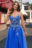 Royal Blue Tulle A-Line Espaghetti Correias Corset Long Prom Dress com Fenda