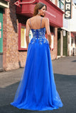 Royal Blue Tulle A-Line Espaghetti Correias Corset Long Prom Dress com Fenda