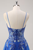 Royal Blue Uma Linha Esparguete Correias Corset Tule Vestido de Baile Com Bordado